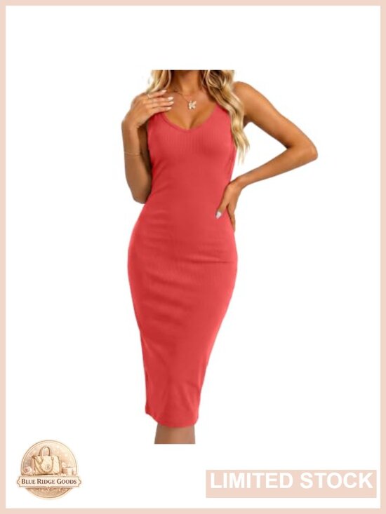 Dresses & Skirts - Ribbed Bodycon V-Neck Midi Dress, Sleeveless, Knit, Stretchy